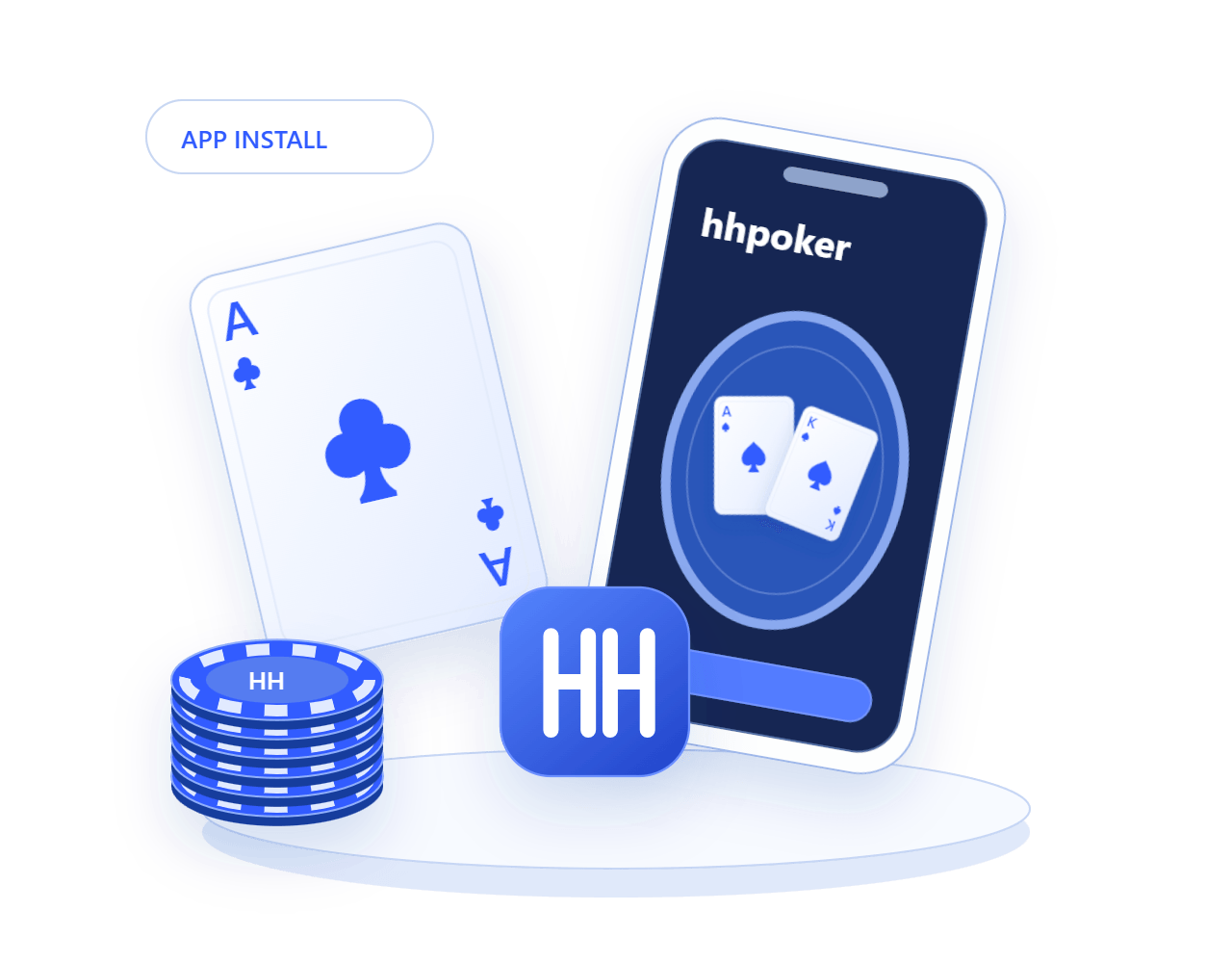 安卓App安装设置配图,倾斜手机与梅花A相对摆放,下方为hhpoker标志和筹码